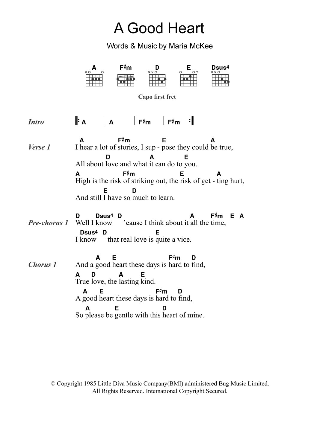 Feargal Sharkey A Good Heart sheet music notes and chords. Download Printable PDF.