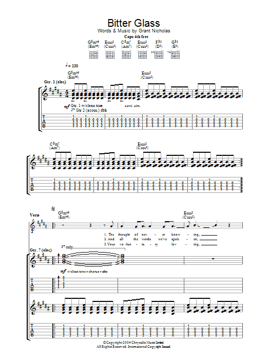 Learn to play Feeder Bitter Glass sheet music for Guitar Tab in minutes. Price: 7.8900$ Feeder Bitter Glass sheet music notes and chords arranged for Guitar Tab