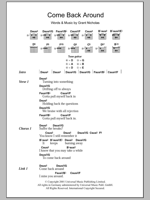 Feeder Come Back Around sheet music notes and chords. Download Printable PDF.