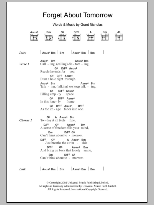 Feeder Forget About Tomorrow sheet music notes and chords. Download Printable PDF.