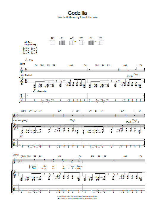 Learn to play Feeder Godzilla sheet music for Guitar Tab in minutes. Price: 7.8900$ Feeder Godzilla sheet music notes and chords arranged for Guitar Tab