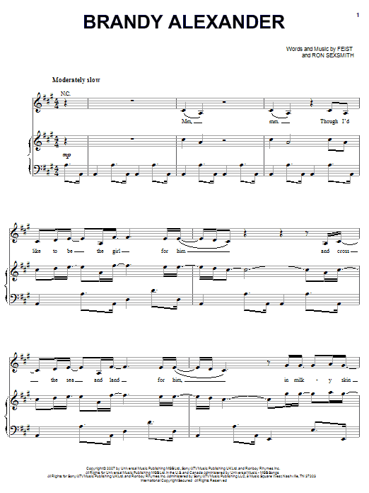 Learn to play Feist Brandy Alexander sheet music for Piano, Vocal & Guitar Chords (Right-Hand Melody) in minutes. Price: 7.8900$ Feist Brandy Alexander sheet music notes and chords arranged for Piano, Vocal & Guitar Chords (Right-Hand Melody)