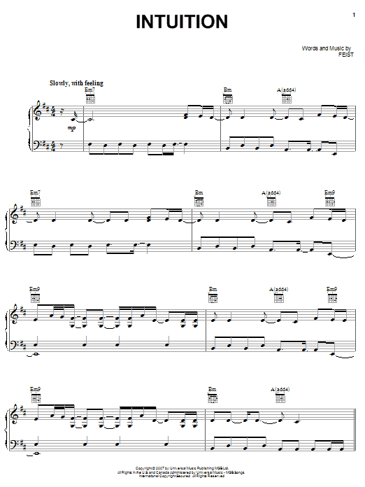 Learn to play Feist Intuition sheet music for Piano, Vocal & Guitar Chords (Right-Hand Melody) in minutes. Price: 7.8900$ Feist Intuition sheet music notes and chords arranged for Piano, Vocal & Guitar Chords (Right-Hand Melody)