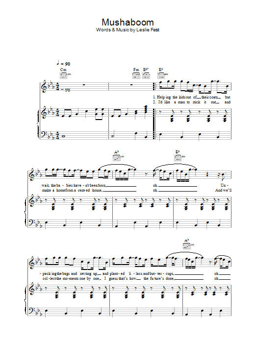 Learn to play Feist Mushaboom sheet music for Piano, Vocal & Guitar Chords in minutes. Price: 7.8900$ Feist Mushaboom sheet music notes and chords arranged for Piano, Vocal & Guitar Chords