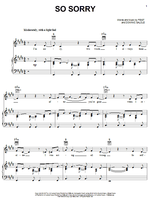 Feist So Sorry sheet music notes and chords arranged for Piano, Vocal & Guitar Chords (Right-Hand Melody)