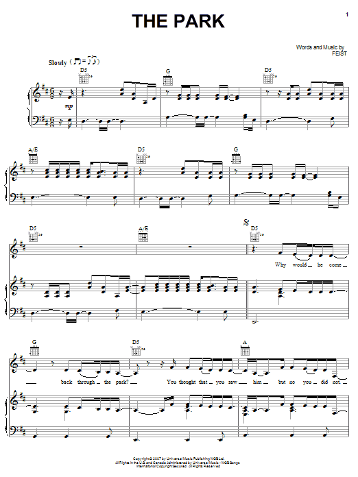 Learn to play Feist The Park sheet music for Piano, Vocal & Guitar Chords (Right-Hand Melody) in minutes. Price: 7.8900$ Feist The Park sheet music notes and chords arranged for Piano, Vocal & Guitar Chords (Right-Hand Melody)
