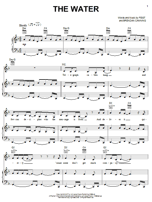 Learn to play Feist The Water sheet music for Piano, Vocal & Guitar Chords (Right-Hand Melody) in minutes. Price: 7.8900$ Feist The Water sheet music notes and chords arranged for Piano, Vocal & Guitar Chords (Right-Hand Melody)
