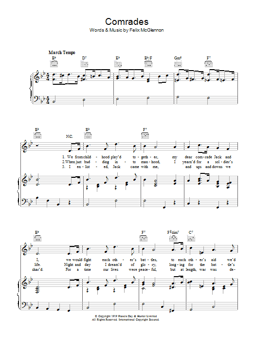 Learn to play Felix McGlennon Comrades sheet music for Piano, Vocal & Guitar Chords in minutes. Price: 7.8900$ Felix McGlennon Comrades sheet music notes and chords arranged for Piano, Vocal & Guitar Chords