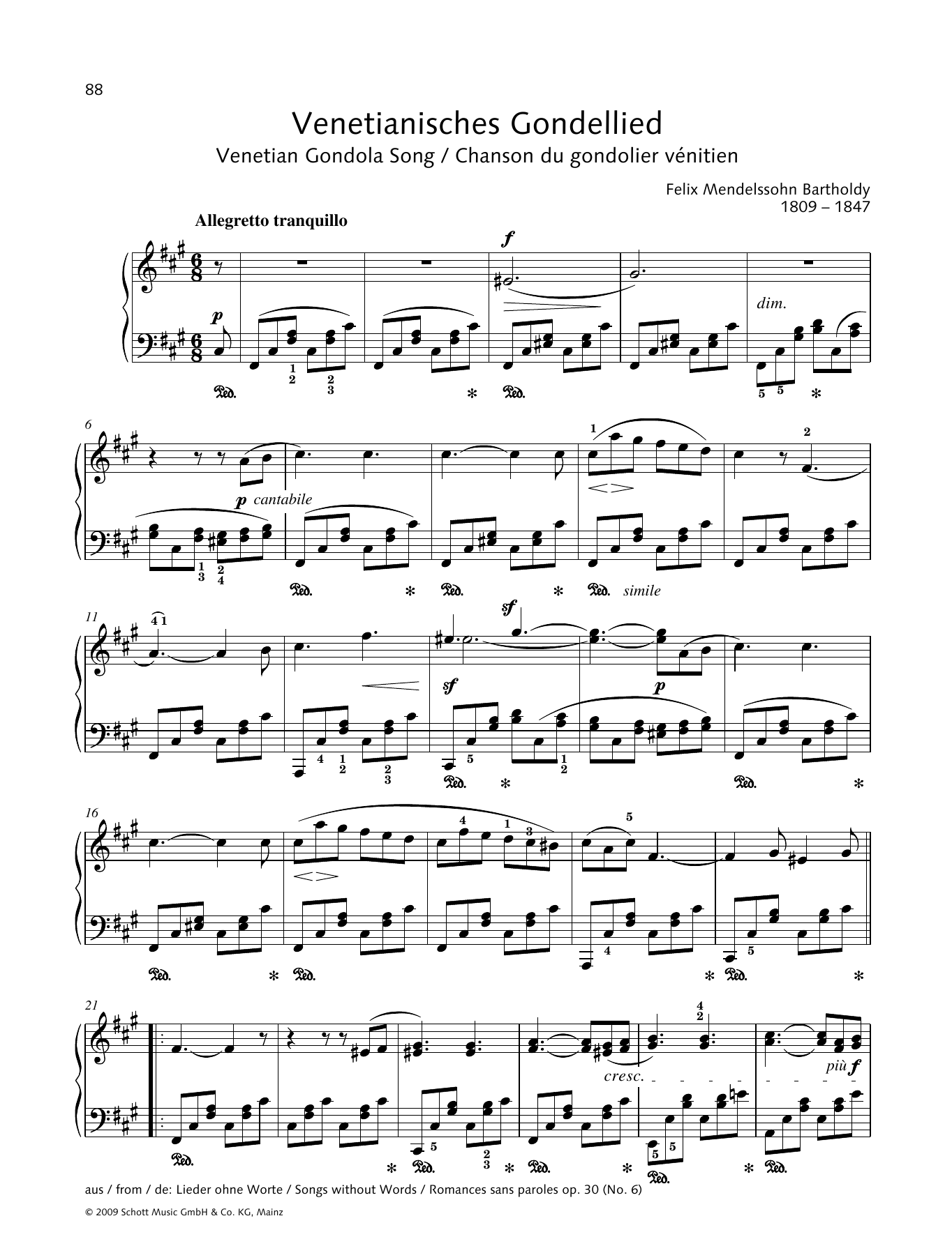 Felix Mendelssohn Bartholdy Venetian Gondola Song sheet music notes and chords. Download Printable PDF.