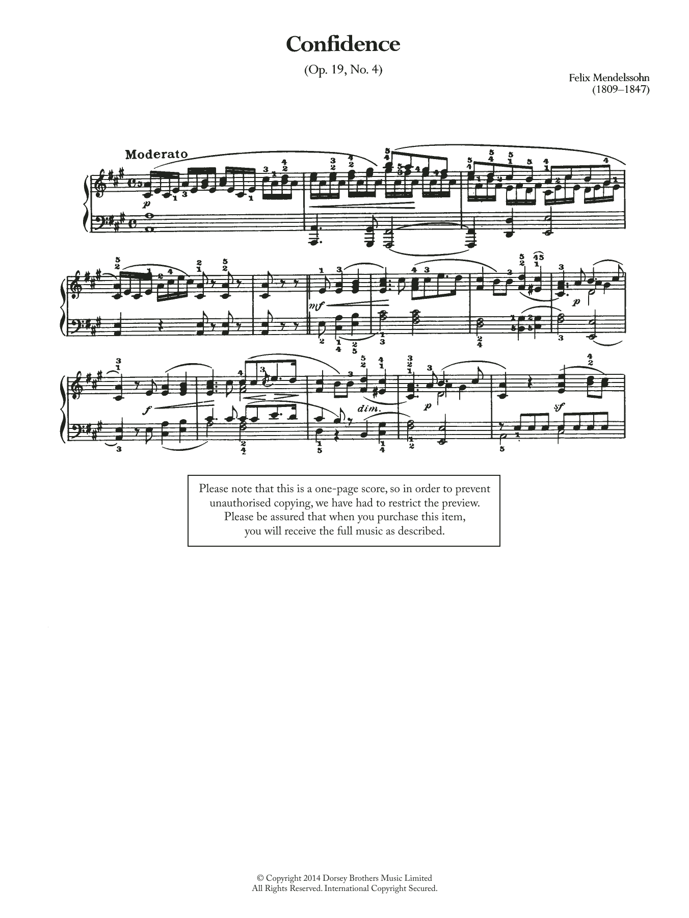 Learn to play Felix Mendelssohn Confidence Op.19, No.4 sheet music for Piano Solo in minutes. Price: 7.8900$ Felix Mendelssohn Confidence Op.19, No.4 sheet music notes and chords arranged for Piano Solo