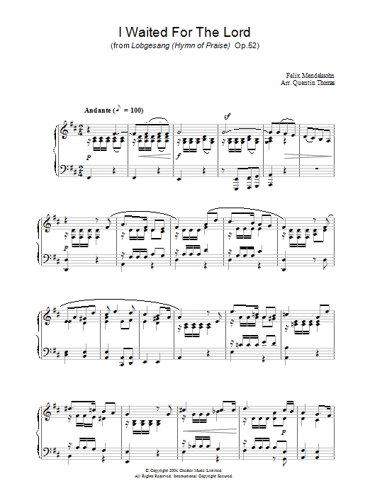 Learn to play Felix Mendelssohn I Waited For The Lord sheet music for Piano Solo in minutes. Price: 7.8900$ Felix Mendelssohn I Waited For The Lord sheet music notes and chords arranged for Piano Solo