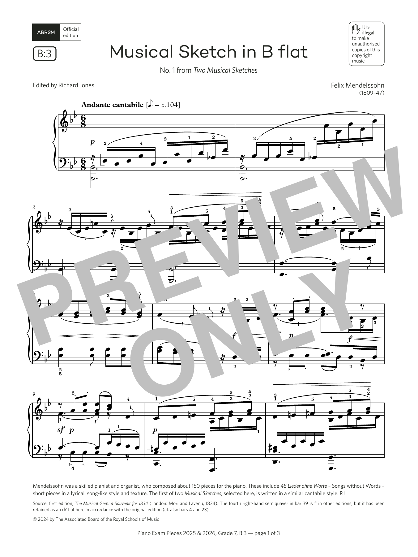 Felix Mendelssohn Musical Sketch in B flat (Grade 7, list B3, from the ABRSM Piano Syllabus 2025 & 2026) sheet music notes and chords. Download Printable PDF.