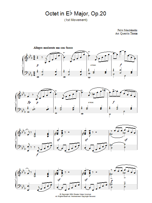 Learn to play Felix Mendelssohn Octet in E Flat Major, Op.20 sheet music for Piano Solo in minutes. Price: 7.8900$ Felix Mendelssohn Octet in E Flat Major, Op.20 sheet music notes and chords arranged for Piano Solo