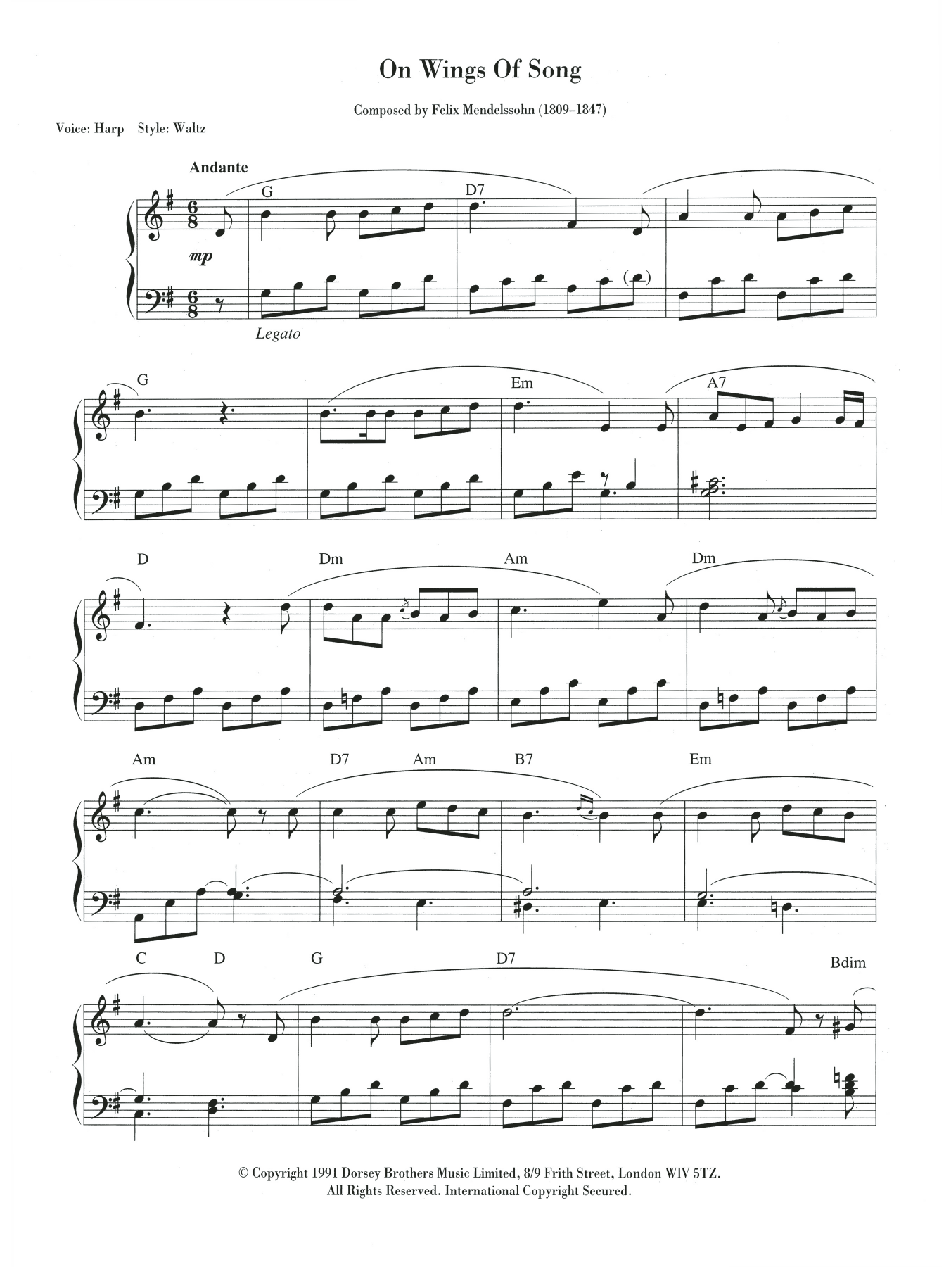 Felix Mendelssohn On Wings Of Song sheet music notes and chords. Download Printable PDF.