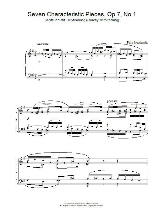 Learn to play Felix Mendelssohn Seven Characteristic Pieces, Op.7, No.1 sheet music for Piano Solo in minutes. Price: 7.8900$ Felix Mendelssohn Seven Characteristic Pieces, Op.7, No.1 sheet music notes and chords arranged for Piano Solo