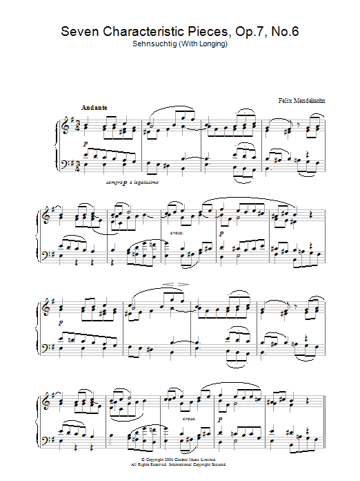 Learn to play Felix Mendelssohn Seven Characteristic Pieces, Op.7, No.6 sheet music for Piano Solo in minutes. Price: 7.8900$ Felix Mendelssohn Seven Characteristic Pieces, Op.7, No.6 sheet music notes and chords arranged for Piano Solo