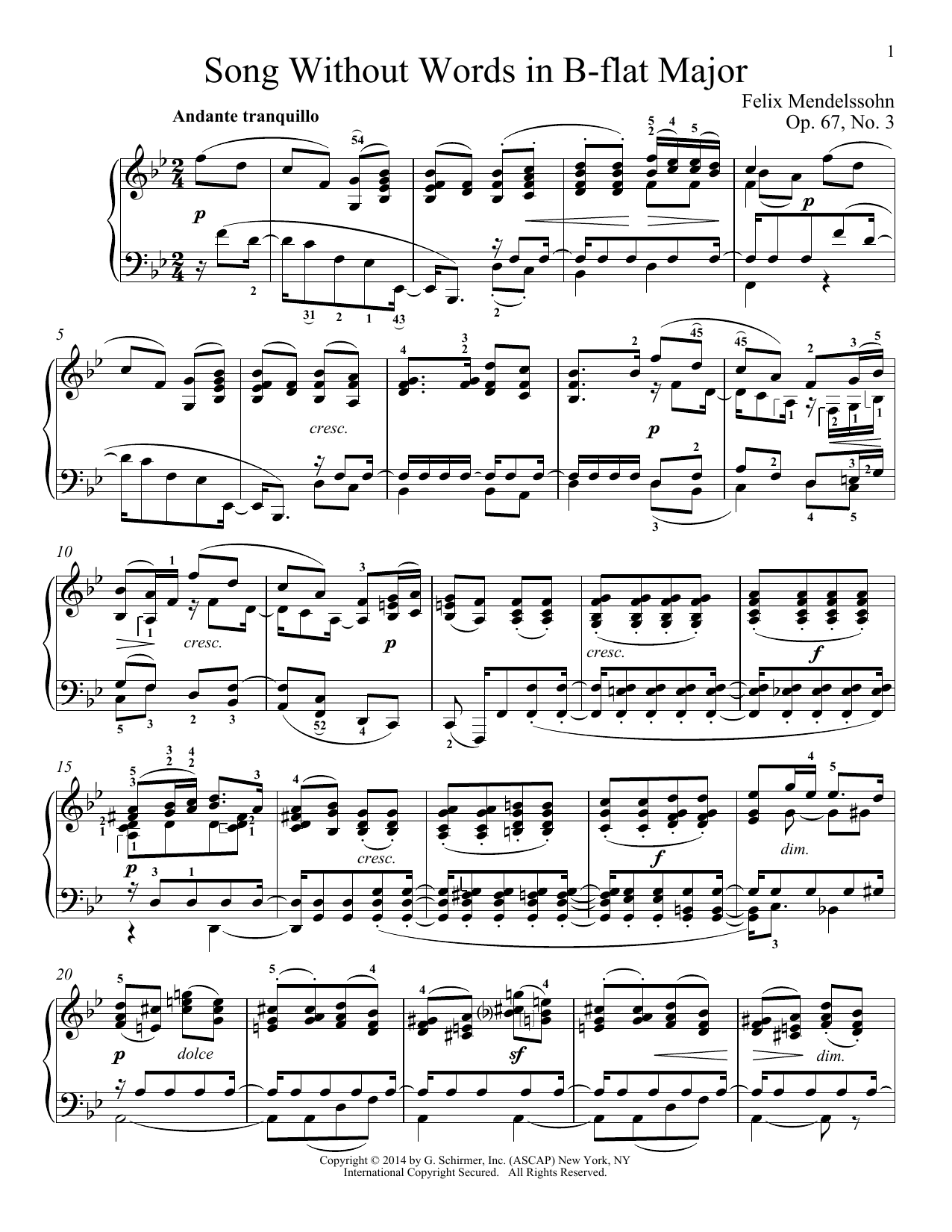 Immanuela Gruenberg Song Without Words In B-Flat Major, Op. 67, No. 3 sheet music notes and chords arranged for Piano Solo