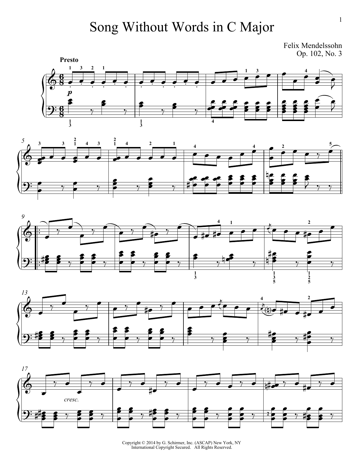 Immanuela Gruenberg Song Without Words In C Major, Op. 102, No. 3 sheet music notes and chords arranged for Piano Solo