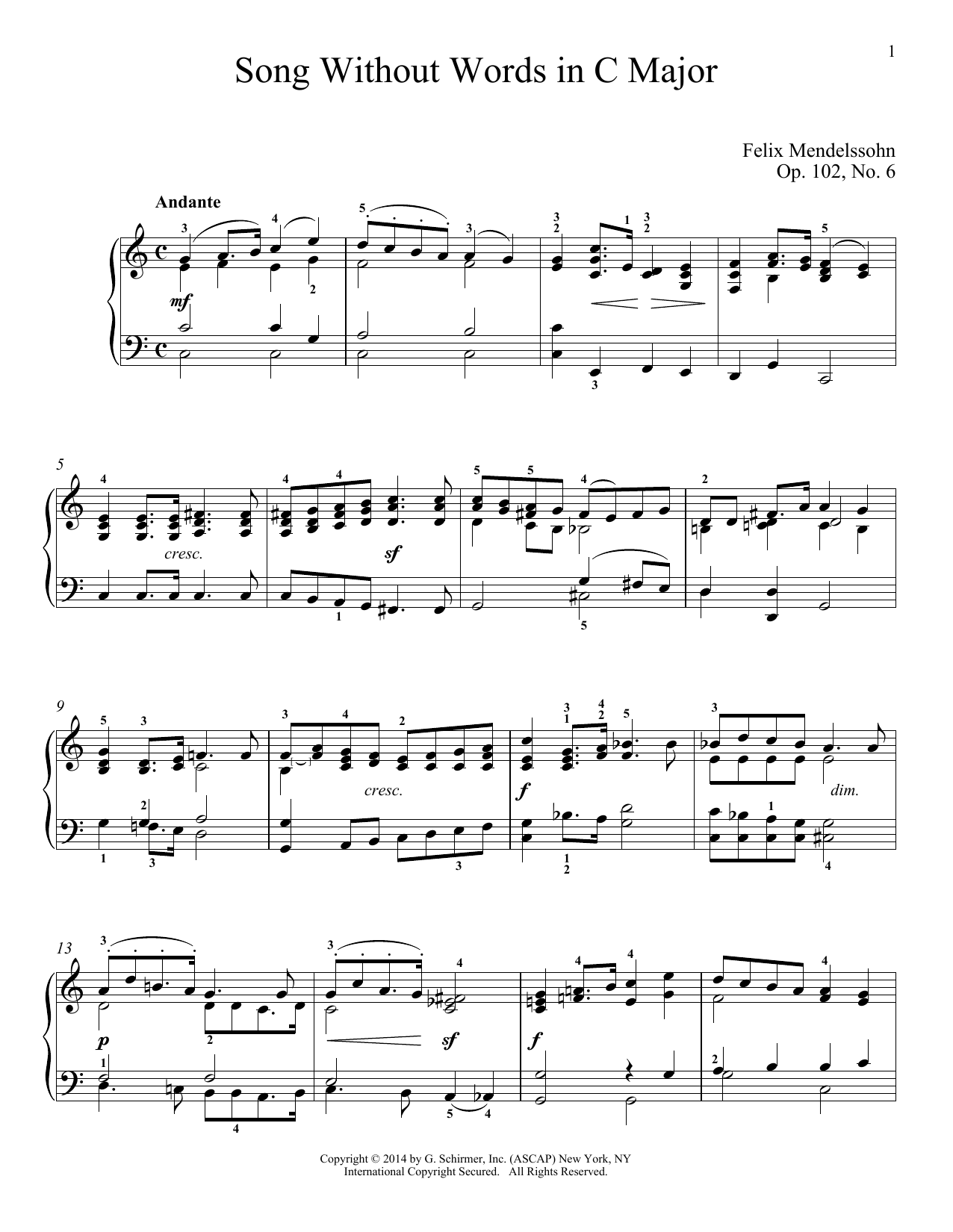 Immanuela Gruenberg Song Without Words In C Major, Op. 102, No. 6 sheet music notes and chords arranged for Piano Solo