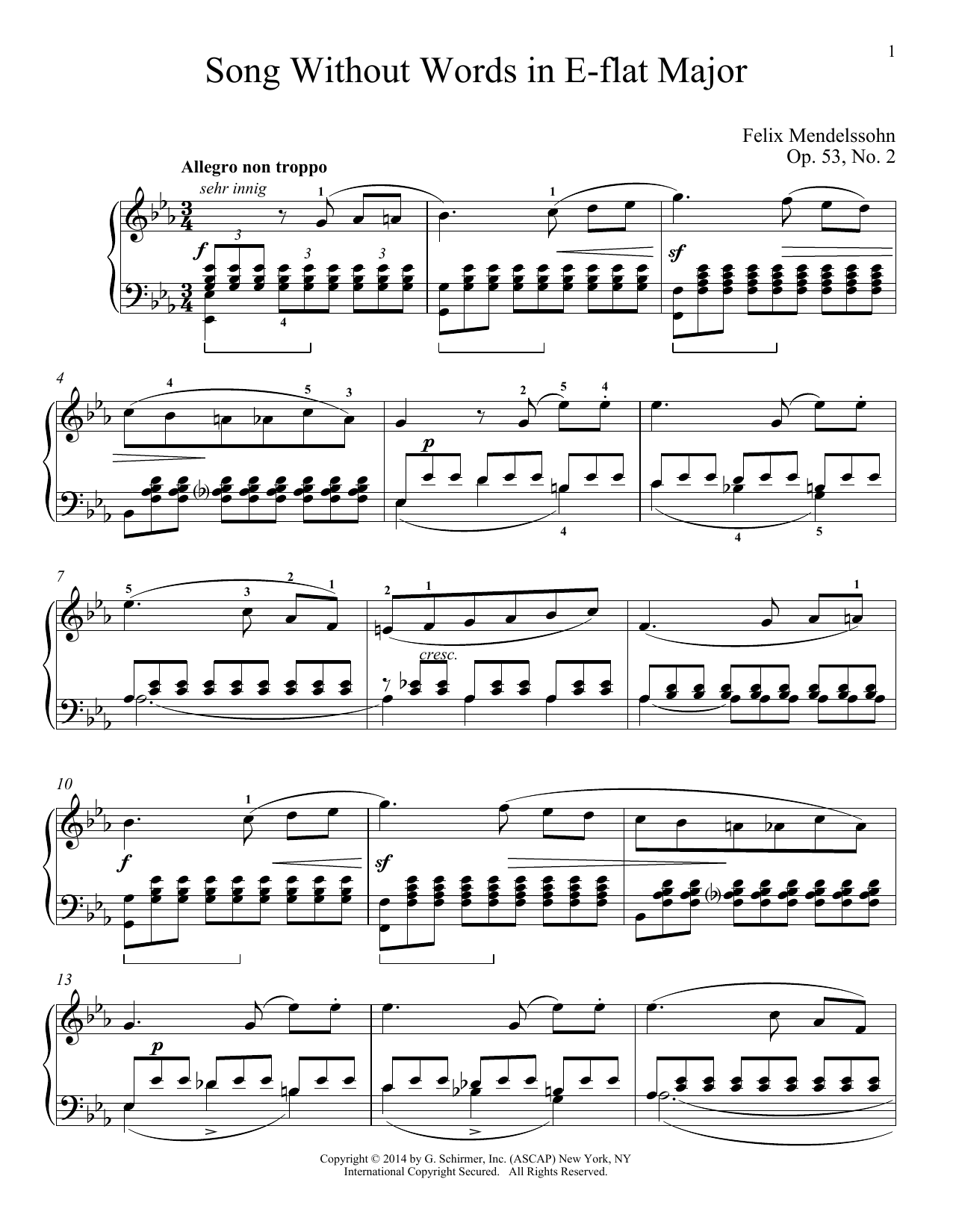 Immanuela Gruenberg Song Without Words In E-Flat Major, Op. 53, No. 2 sheet music notes and chords arranged for Piano Solo