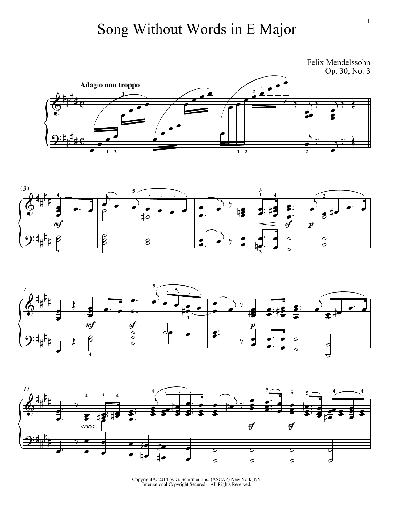 Immanuela Gruenberg Song Without Words In E Major, Op. 30, No. 3 sheet music notes and chords arranged for Piano Solo