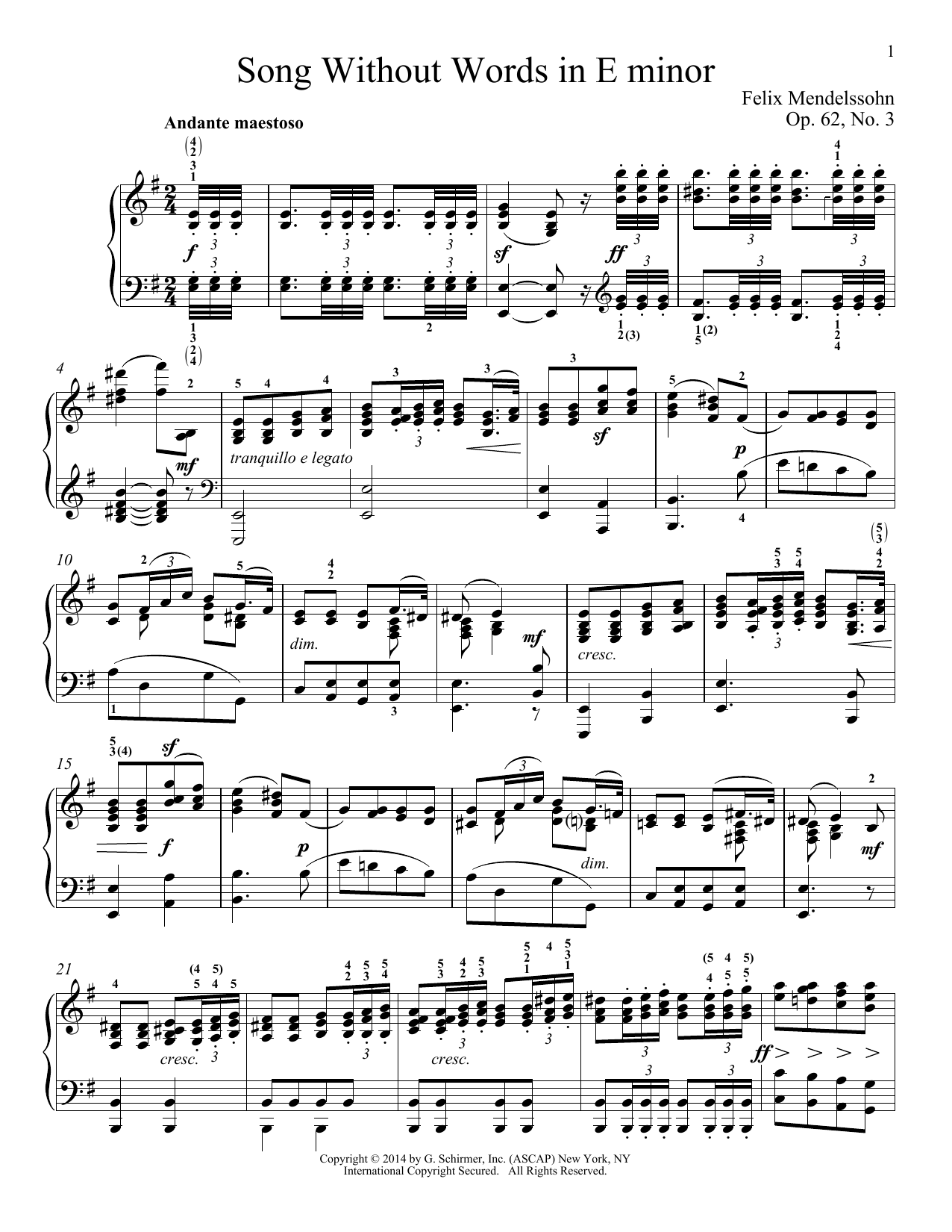 Immanuela Gruenberg Song Without Words In E Minor, Op. 52, No. 3 sheet music notes and chords arranged for Piano Solo