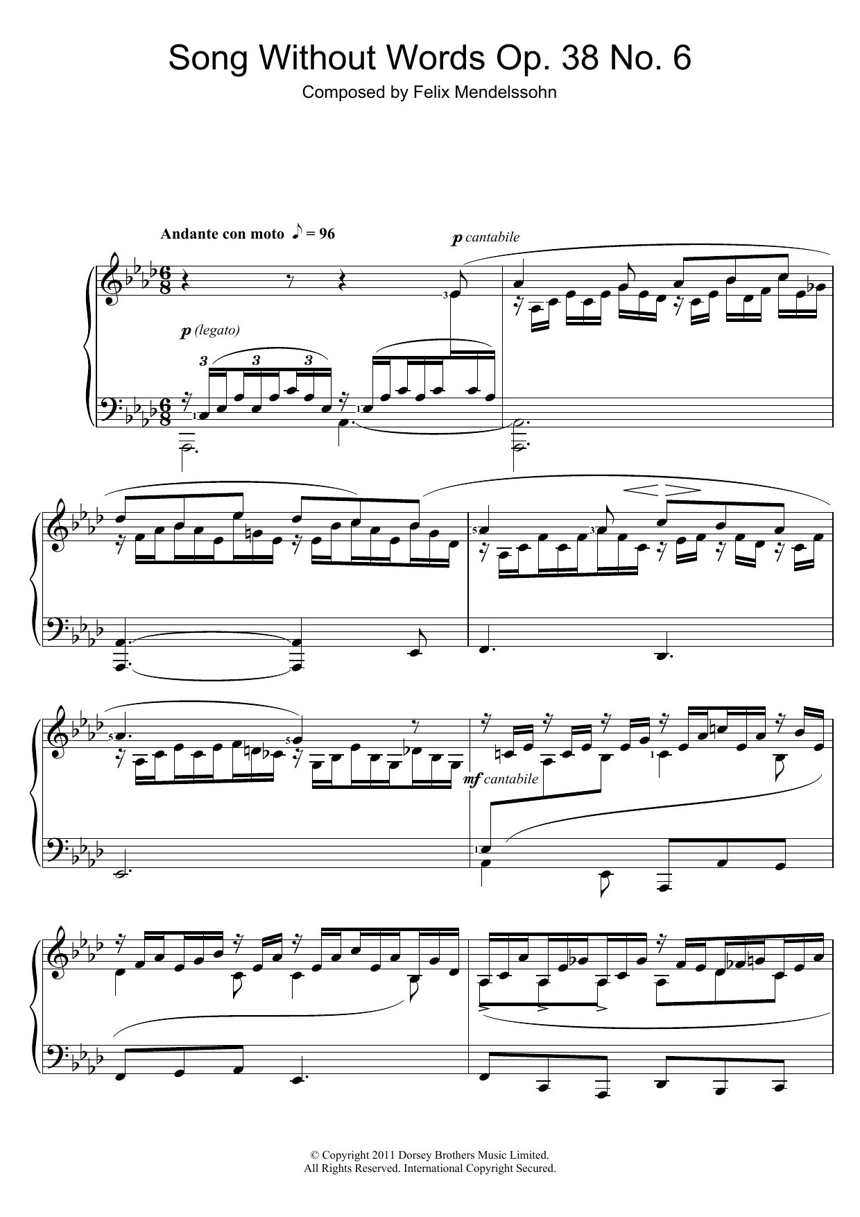 Felix Mendelssohn Song Without Words, Op. 38, No. 6 ‘Duetto' sheet music notes and chords arranged for Piano Solo