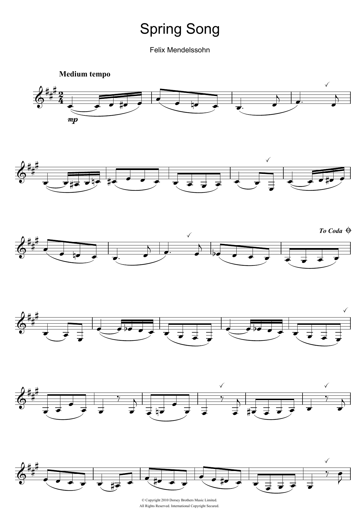 Felix Mendelssohn Spring Song, from Songs Without Words, Op.62 sheet music notes and chords. Download Printable PDF.