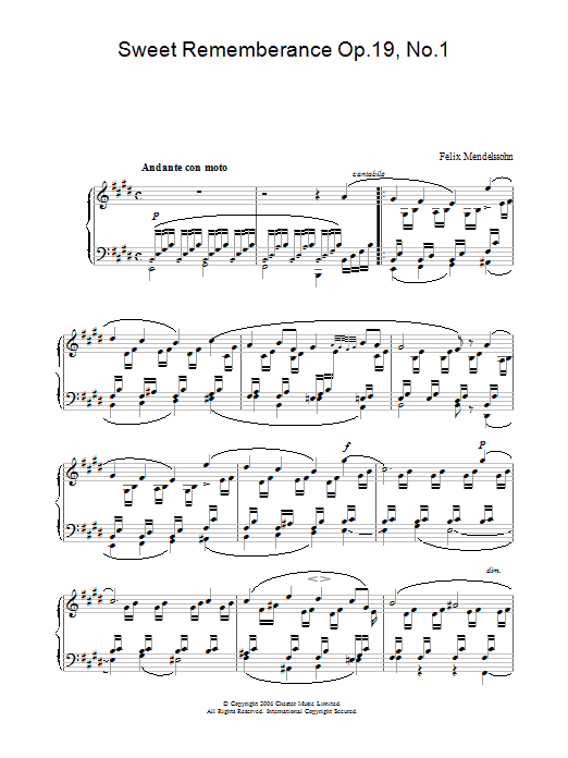 Learn to play Felix Mendelssohn Sweet Rememberance Op.19, No.1 sheet music for Piano Solo in minutes. Price: 7.8900$ Felix Mendelssohn Sweet Rememberance Op.19, No.1 sheet music notes and chords arranged for Piano Solo