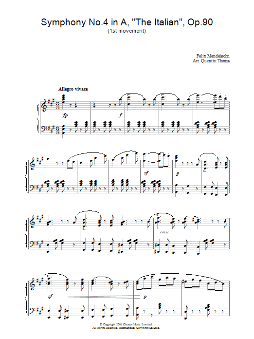 Felix Mendelssohn Symphony No.4 in A, 'The Italian', Op.90 (1st Movement) sheet music notes and chords arranged for Piano Solo