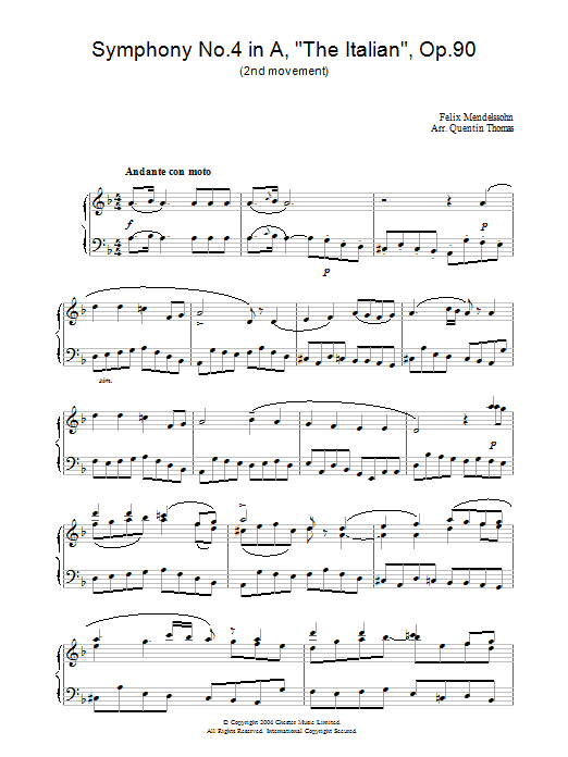 Learn to play Felix Mendelssohn Symphony No.4 in A, 'The Italian', Op.90 (2nd Movement) sheet music for Piano Solo in minutes. Price: 7.8900$ Felix Mendelssohn Symphony No.4 in A, 'The Italian', Op.90 (2nd Movement) sheet music notes and chords arranged for Piano Solo