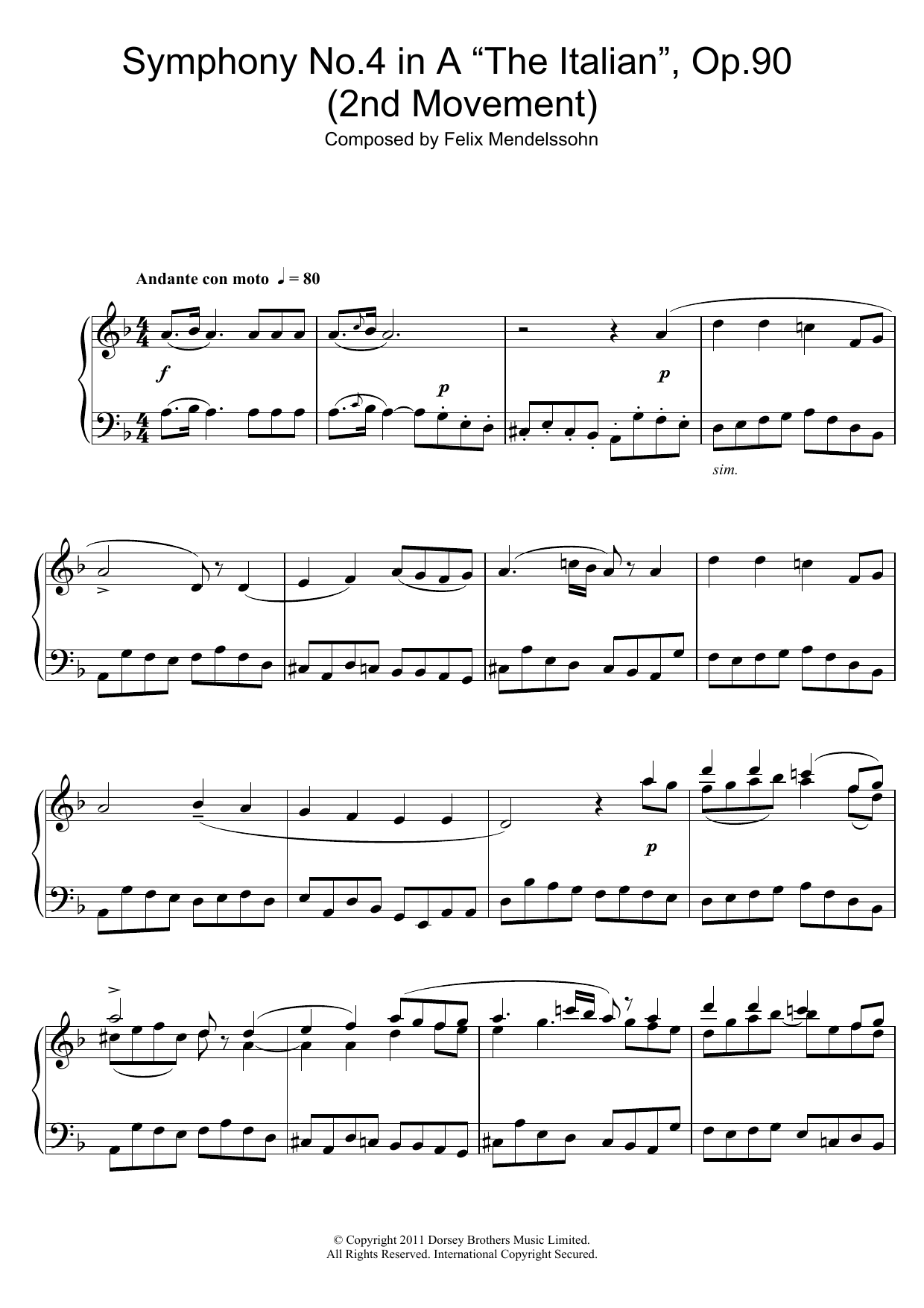 Learn to play Felix Mendelssohn Symphony No.4 ‘The Italian' (2nd Movement: Andante Con Moto) sheet music for Piano Solo in minutes. Price: 7.8900$ Felix Mendelssohn Symphony No.4 ‘The Italian' (2nd Movement: Andante Con Moto) sheet music notes and chords arranged for Piano Solo