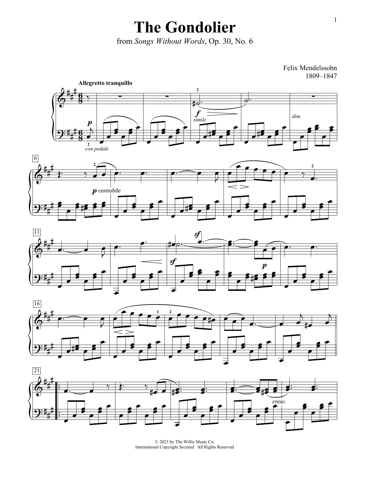 Felix Mendelssohn The Gondolier sheet music notes and chords arranged for Educational Piano