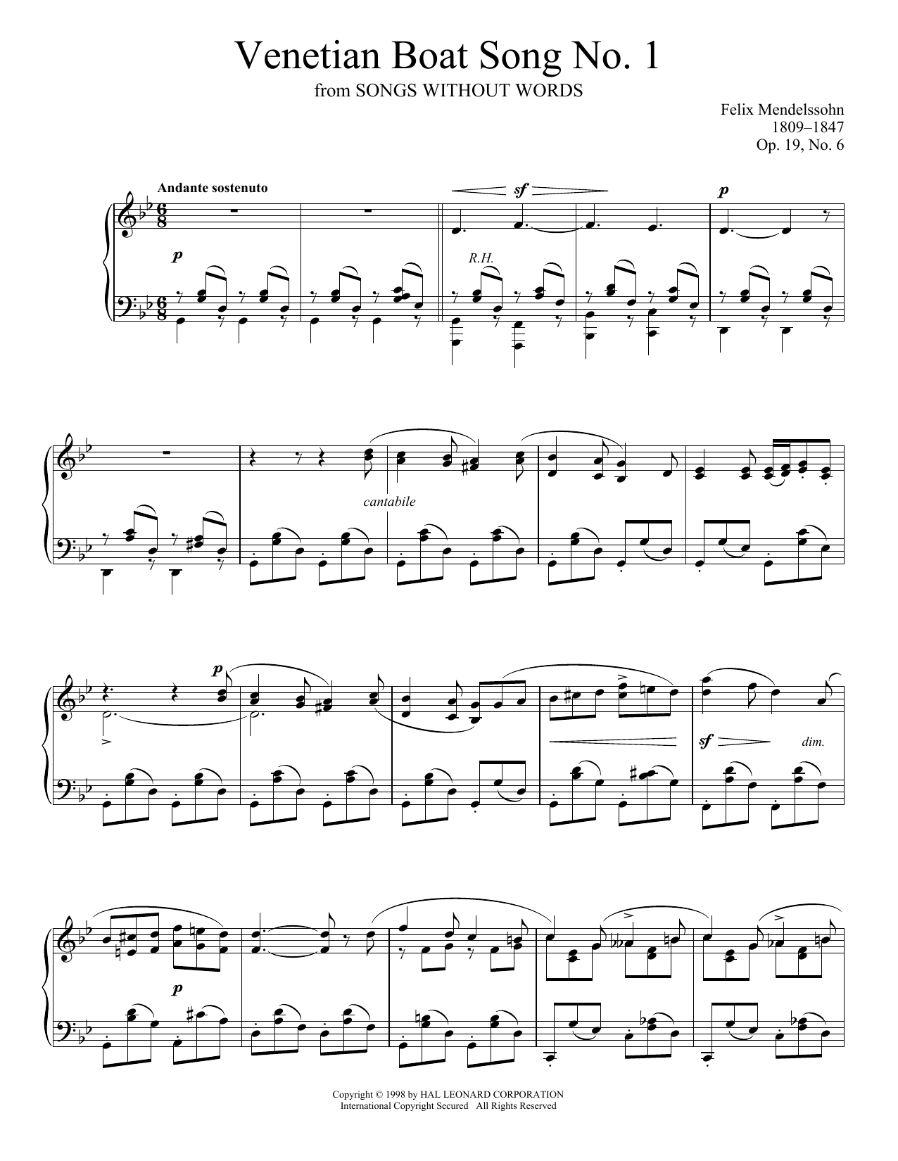 Felix Mendelssohn Venetian Boat Song No. 1, Op. 19, No. 6 sheet music notes and chords. Download Printable PDF.