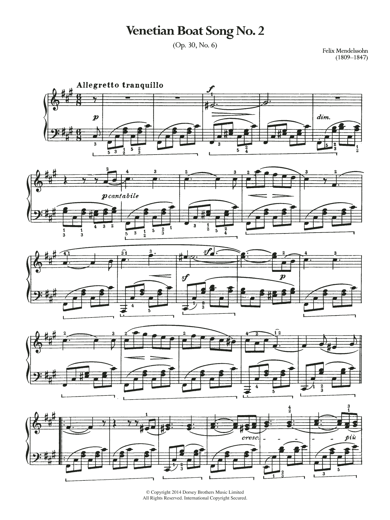 Learn to play Felix Mendelssohn Venetian Boat Song No.2 sheet music for Piano Solo in minutes. Price: 7.8900$ Felix Mendelssohn Venetian Boat Song No.2 sheet music notes and chords arranged for Piano Solo
