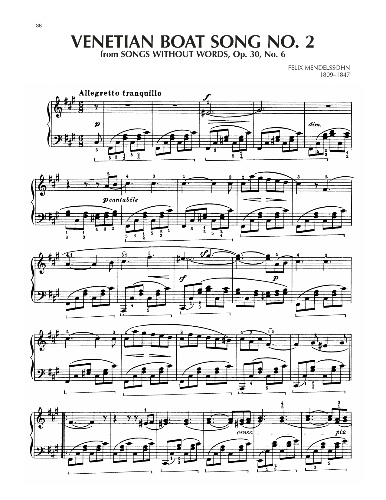 Felix Mendelssohn Venetian Boat Song, Op. 30, No. 6 sheet music notes and chords. Download Printable PDF.