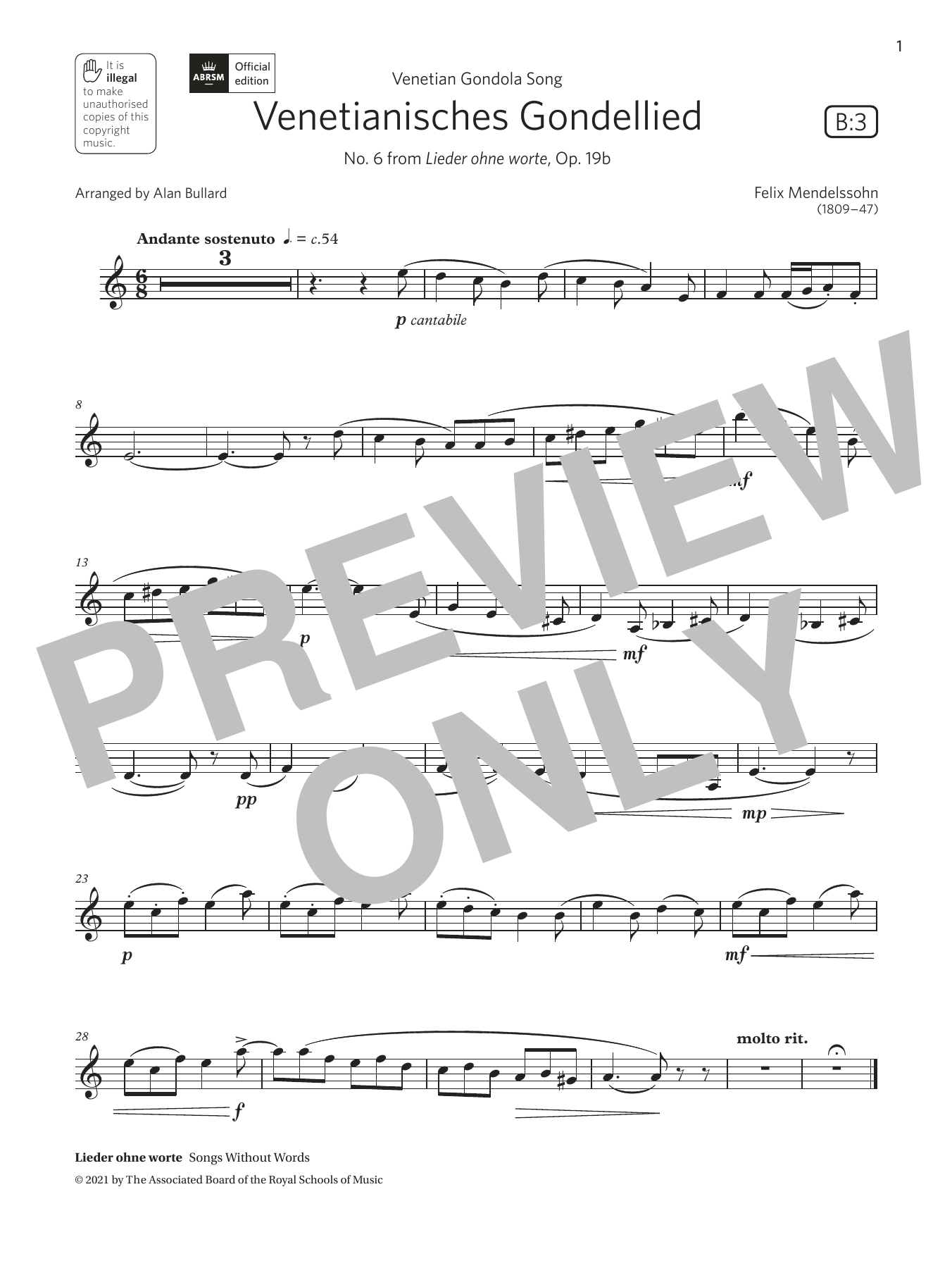 Felix Mendelssohn Venetianisches Gondellied (Grade 3 List B3 from the ABRSM Clarinet syllabus from 2022) sheet music notes and chords. Download Printable PDF.