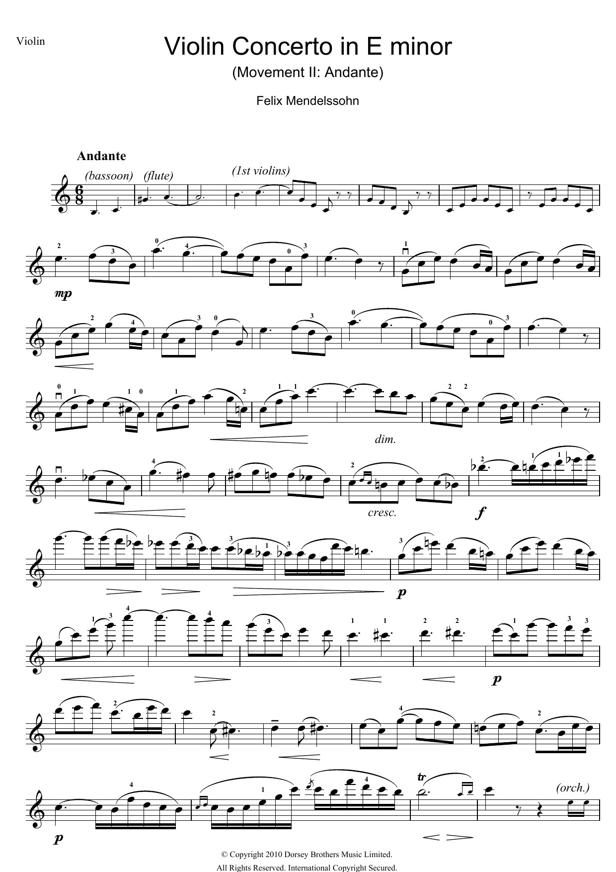 Felix Mendelssohn Violin Concerto In E Minor, 2nd Movement: Andante sheet music notes and chords. Download Printable PDF.