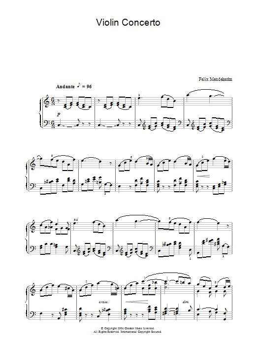 Felix Mendelssohn Violin Concerto In E Minor, 2nd Movement: Andante sheet music notes and chords arranged for Piano Solo