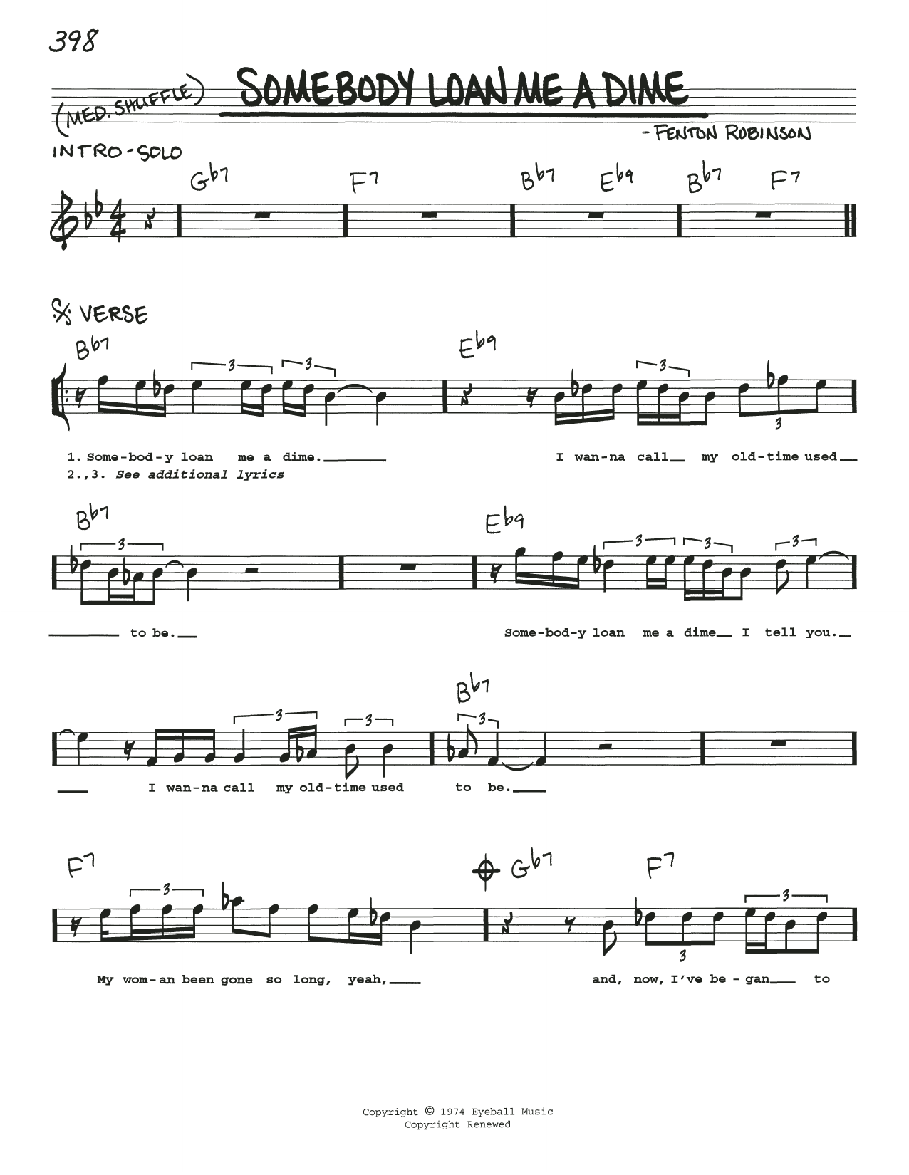 Fenton Robinson Somebody Loan Me A Dime sheet music notes and chords. Download Printable PDF.