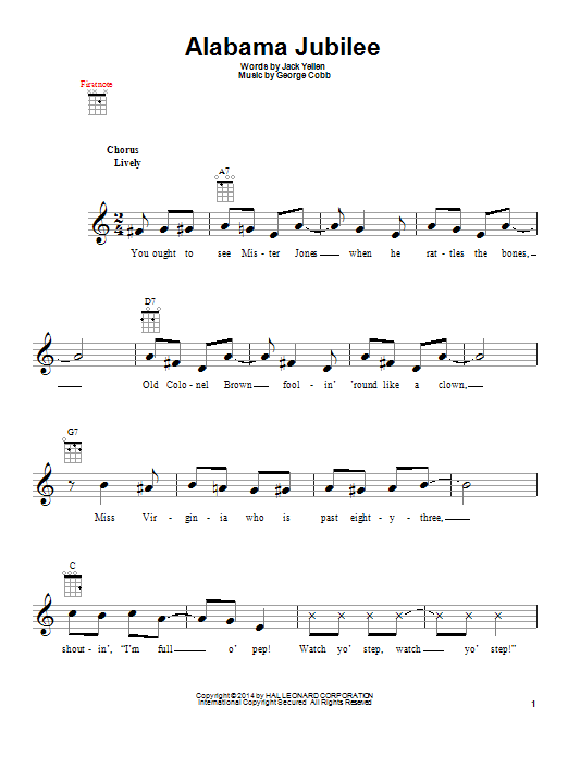 Learn to play Ferco String Band Alabama Jubilee sheet music for Ukulele in minutes. Price: 5.9900$ Ferco String Band Alabama Jubilee sheet music notes and chords arranged for Ukulele