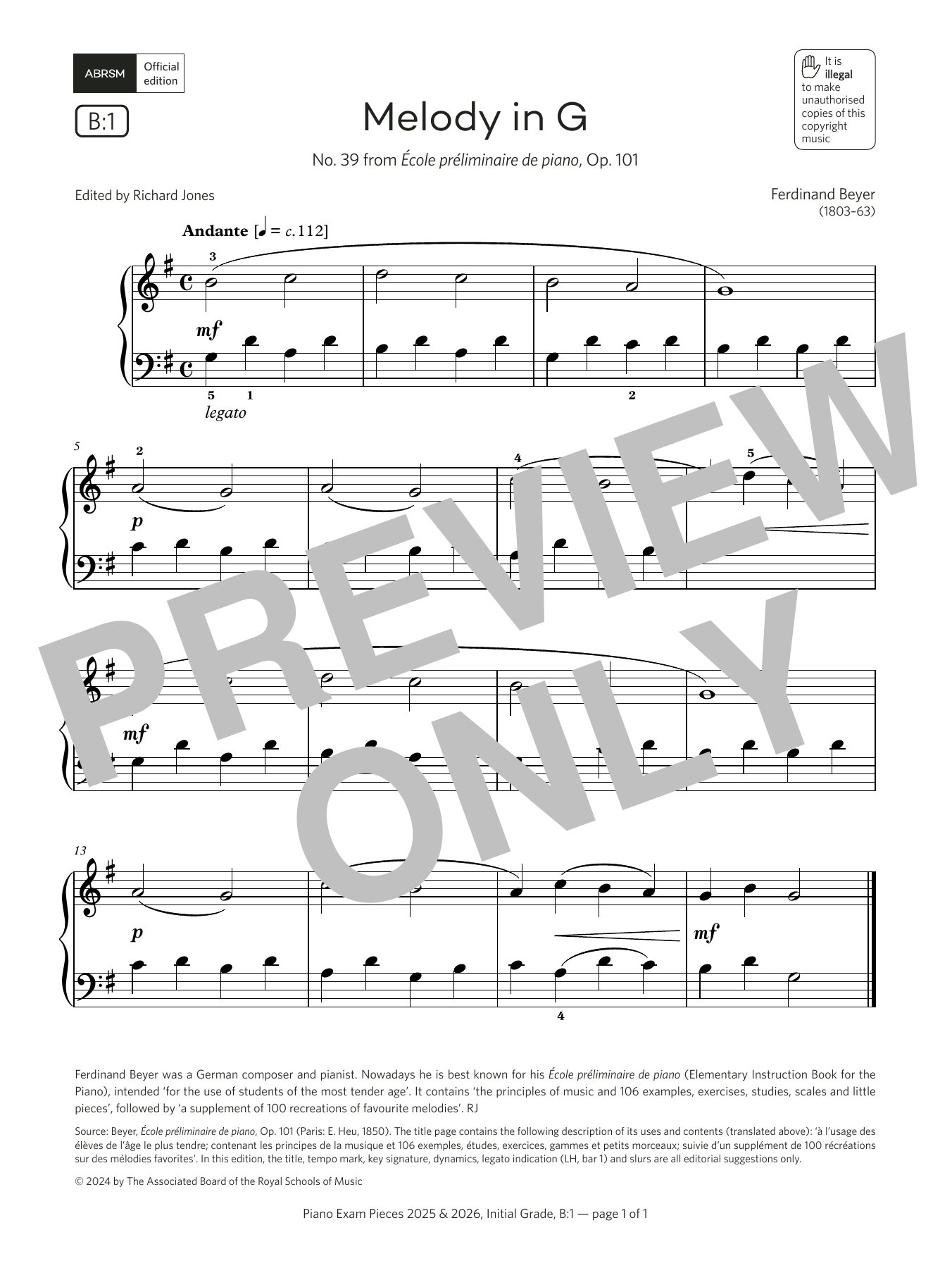 Ferdinand Beyer Melody in G (Grade Initial, list B1, from the ABRSM Piano Syllabus 2025 & 2026) sheet music notes and chords. Download Printable PDF.