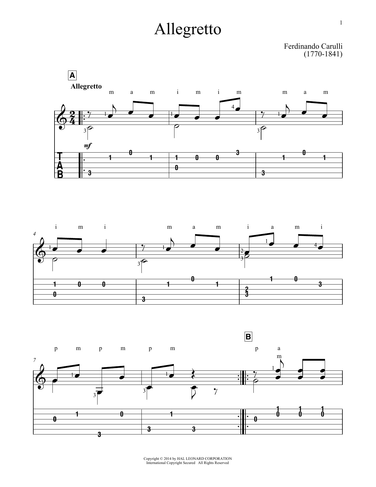 Ferdinando Carulli Allegretto sheet music notes and chords. Download Printable PDF.