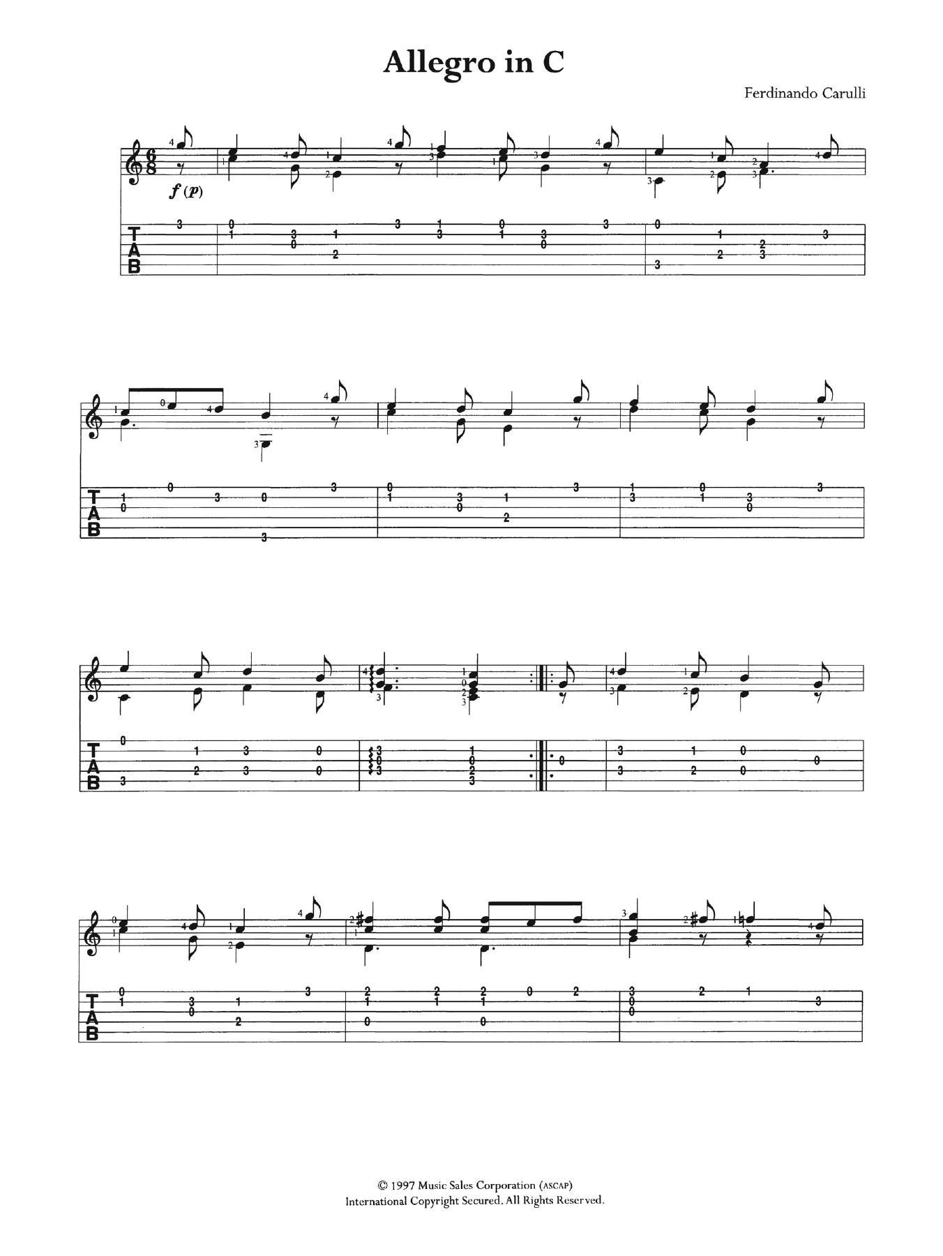Learn to play Ferdinando Carulli Allegro In C sheet music for Guitar Tab in minutes. Price: 7.8900$ Ferdinando Carulli Allegro In C sheet music notes and chords arranged for Guitar Tab