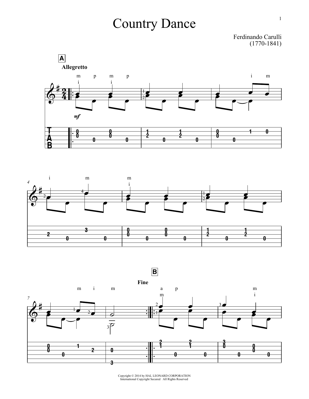 Ferdinando Carulli Country Dance sheet music notes and chords. Download Printable PDF.