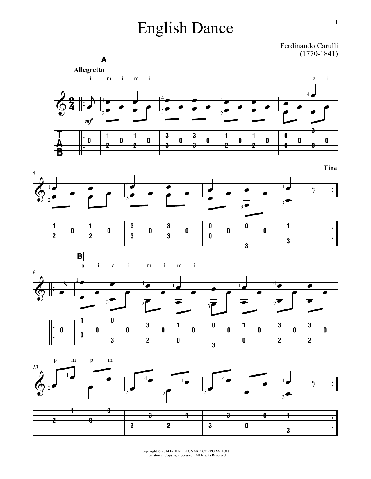 Ferdinando Carulli English Dance sheet music notes and chords. Download Printable PDF.