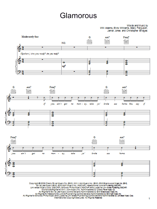 Learn to play Fergie Glamorous (feat. Ludacris) sheet music for Piano, Vocal & Guitar Chords (Right-Hand Melody) in minutes. Price: 7.8900$ Fergie Glamorous (feat. Ludacris) sheet music notes and chords arranged for Piano, Vocal & Guitar Chords (Right-Hand Melody)
