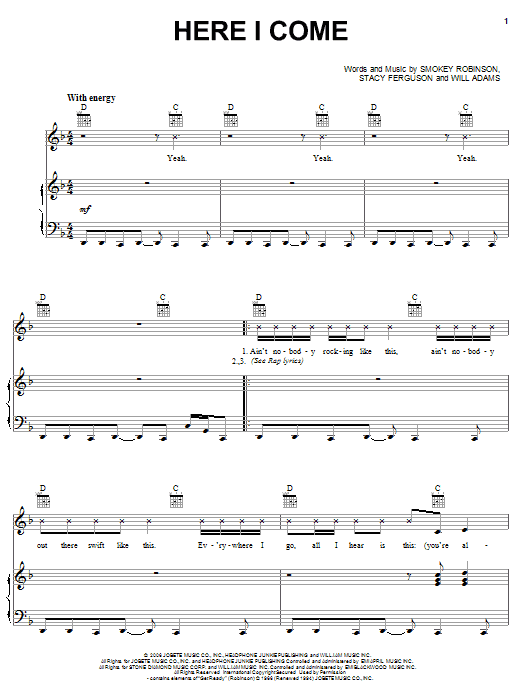 Learn to play Fergie Here I Come sheet music for Piano, Vocal & Guitar Chords (Right-Hand Melody) in minutes. Price: 7.8900$ Fergie Here I Come sheet music notes and chords arranged for Piano, Vocal & Guitar Chords (Right-Hand Melody)