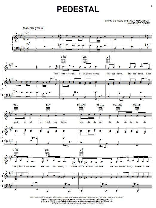 Learn to play Fergie Pedestal sheet music for Piano, Vocal & Guitar Chords (Right-Hand Melody) in minutes. Price: 7.8900$ Fergie Pedestal sheet music notes and chords arranged for Piano, Vocal & Guitar Chords (Right-Hand Melody)