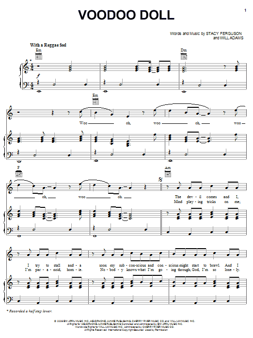 Learn to play Fergie Voodoo Doll sheet music for Piano, Vocal & Guitar Chords (Right-Hand Melody) in minutes. Price: 7.8900$ Fergie Voodoo Doll sheet music notes and chords arranged for Piano, Vocal & Guitar Chords (Right-Hand Melody)